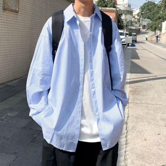 Klopa Nášivka s dlouhým rukávem Kapsa Jednořadá Pánská košile Podzimní Volný střih Pruhovaný potisk Košile Kabát