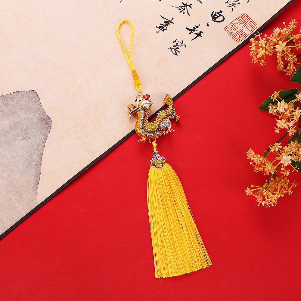 Diamond-Studded Auspicious Dragon Pendant with Red and Gold Tassel
