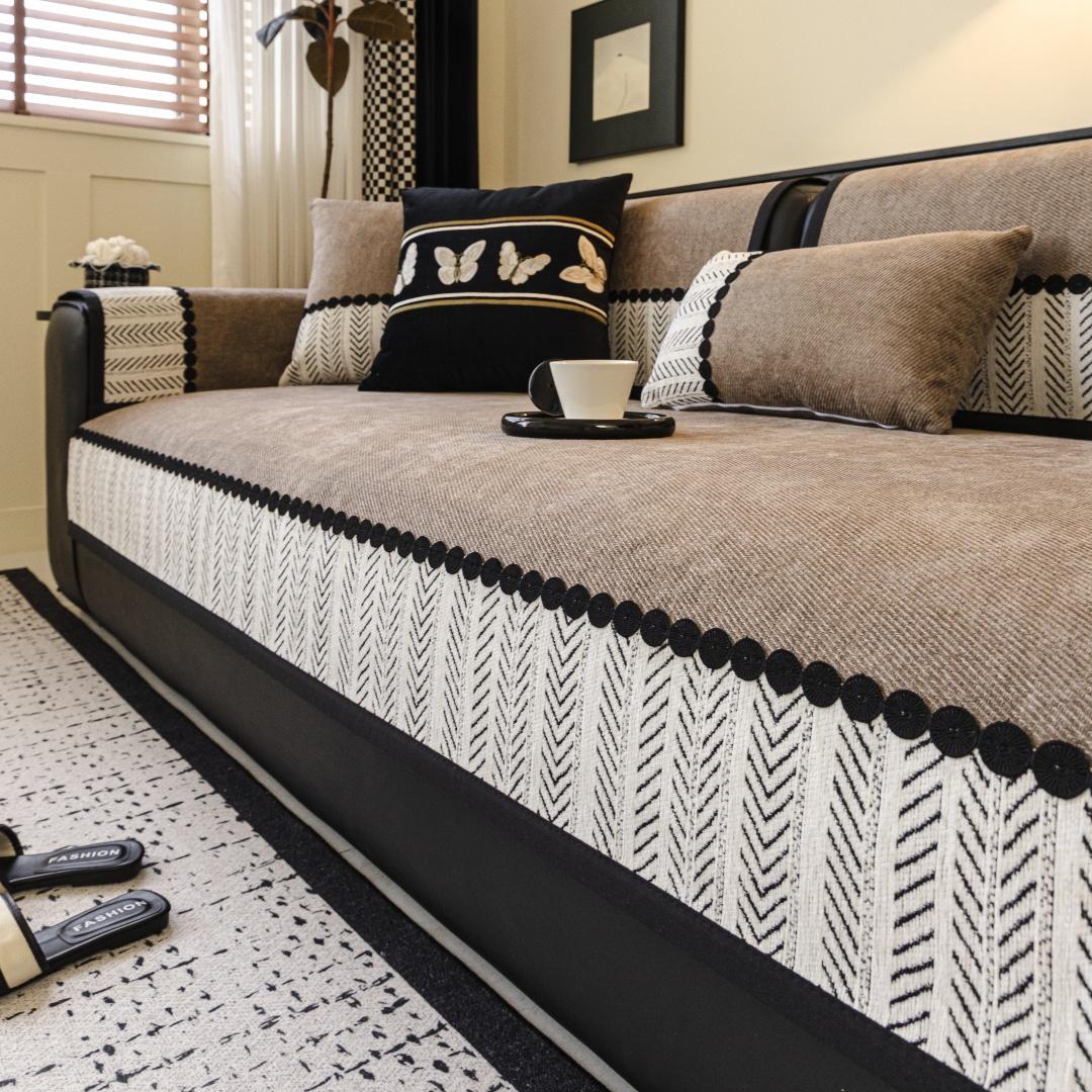 

Contrast Black White Hem Twill Chenille Sofa cover Universal Non-Slip Sofa Towel, Pet-Friendly Couch Cover for All Seasons 90x90cm