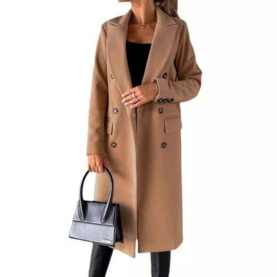 Women Elegant Lapel Double Breasted Long Coat Autumn Winter Casual Solid Color Slim Chic Outerwear Simple Long Sleeve Jacket