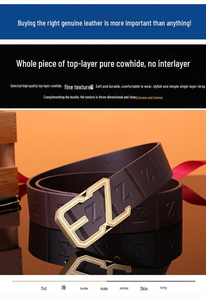 Men's Stainless Steel Z Letter Belt, Genuine Leather, Smooth Buckle, Top Layer Cowhide, Trouser Belt
