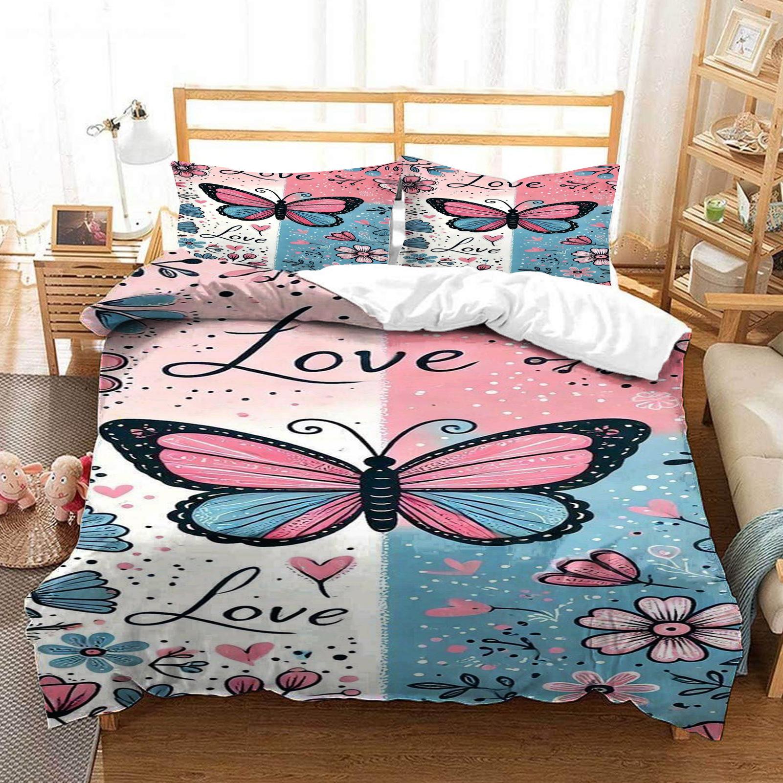 

Bedding Three-Piece Set 3D Digital Printing Card Blue And Pink Butterfly Cartoon Quilt Set Three-Piece Set 90*190