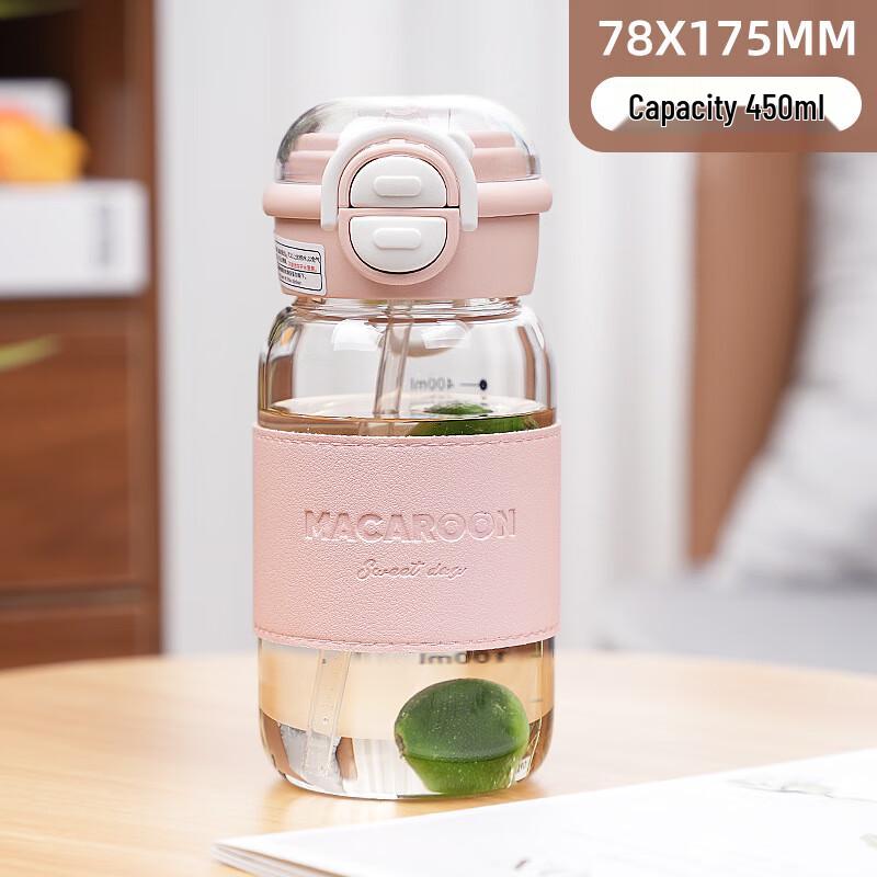 Changqi Cherry Blossom Pink Glass Water Bottle with Straw, 500ML