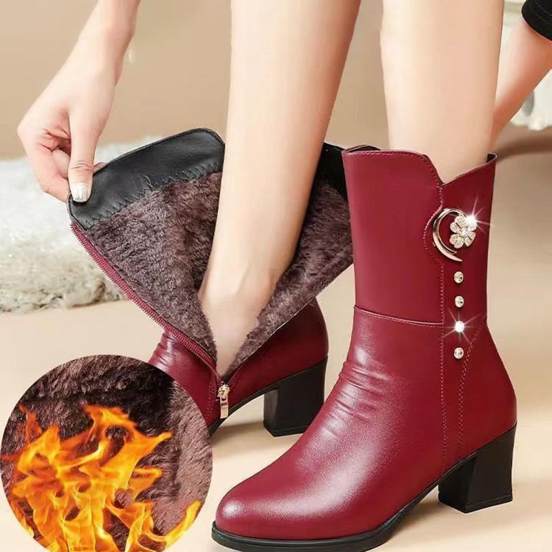 Damen Stiefeletten Winter Dick Plüsch Bequem Hohe Absätze Outdoor Anti-Rutsch Warm Mittelhohe Stiefel
