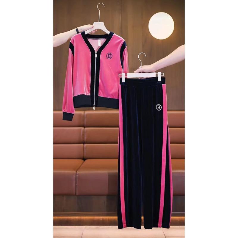 Sporty Casual Set - Women's Autumn Fashionable Multi-color Velvet Cardigan Top and Wide-leg Pants Set