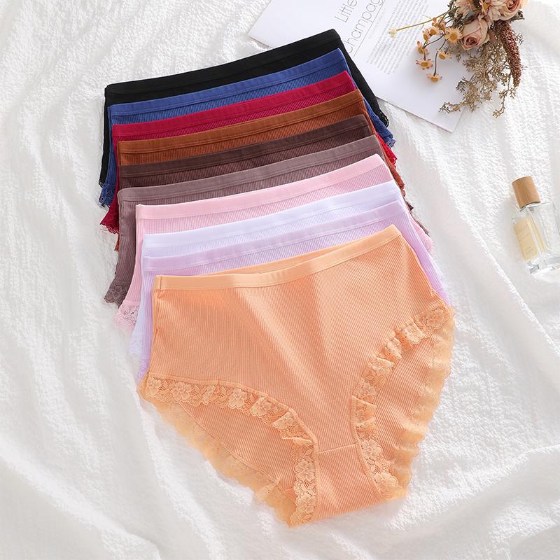 FINETOO 4Pcs/Set Ladies Mid Rise Underwear Cotton Ribbed Panties Floral Lace Edge Underpants Breathable Soft Women Briefs Multi‑color