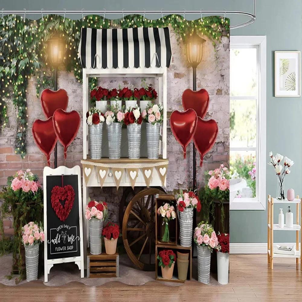 Valentine's Day Decoration Shower Curtain Holiday Gift Party Background Decoration Fabric Washable Shower Curtain Bathroom Decor