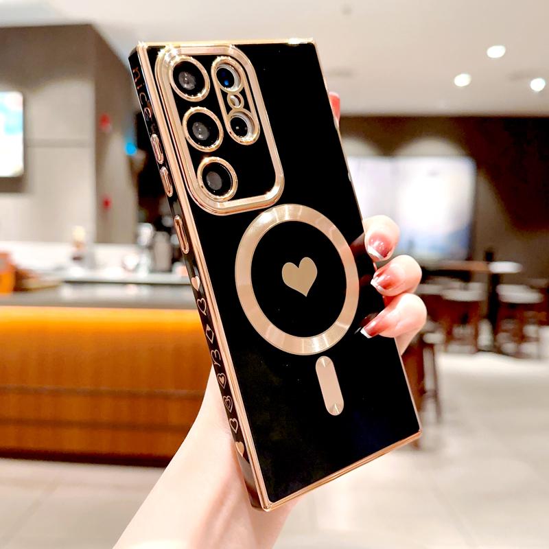 Plating Soft TPU Case For Samsung Galaxy S26 S25 S24 S23 S22 S21 Ultra Plus For Magsafe Magnetic Charge Love Heart Full Cover