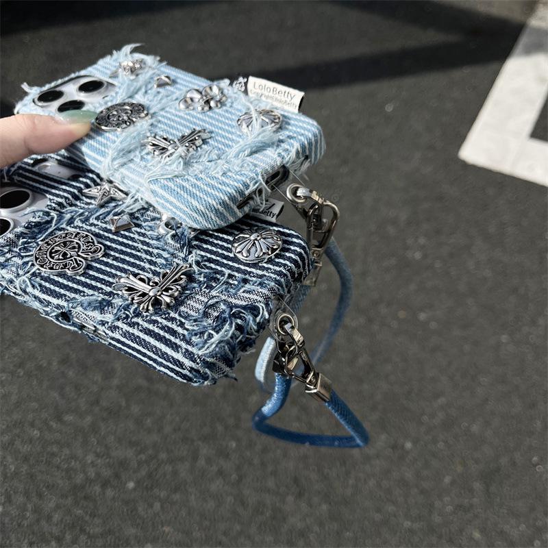 Punk Gestreifte Denim Hülle für iPhone 17/16 Pro Max/15/14 - Einzigartiger Stil