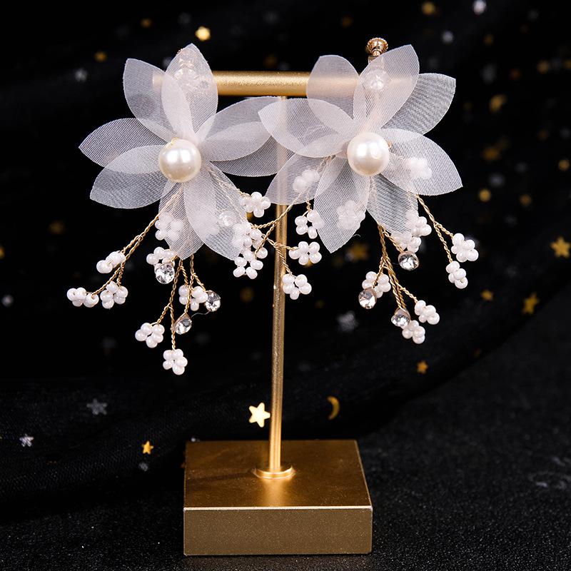 Blumiges Perlen-Stirnband Ohrring-Set Braut Haarreif und baumelnde Blütenblatt Strass Perlen Stirnbänder Prinzessin Brautkronen Schmuck