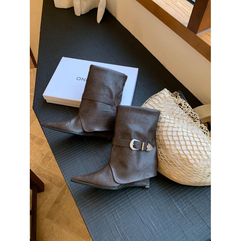 

European and American style pointed wedge heel belt buckle trouser boots 2025 new temperament short boots high heel knight boots 39 коричневый