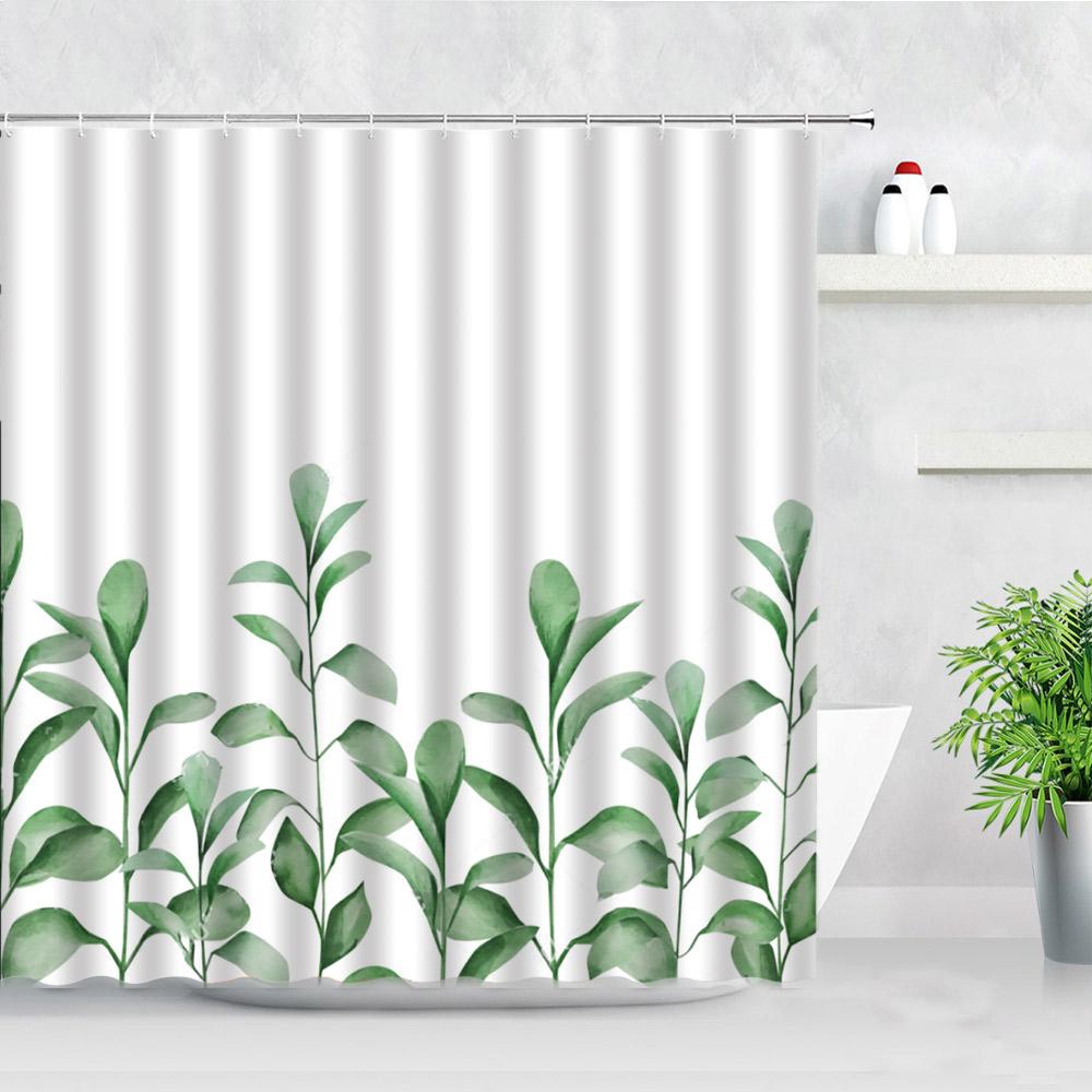 Natural Floral Shower Curtains Flowers Green Leaf Butterfly Water Color Art Nordic Modern Waterproof Bathroom Decor Curtain