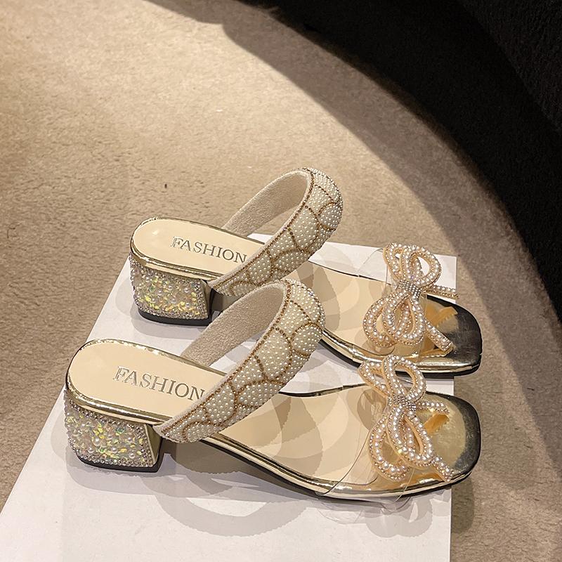 Fashion Summer Square Slippers Women Fashion Square Head Open Toe Pearl Butterfly Knot Anti-slip Wear-resistant High Heels