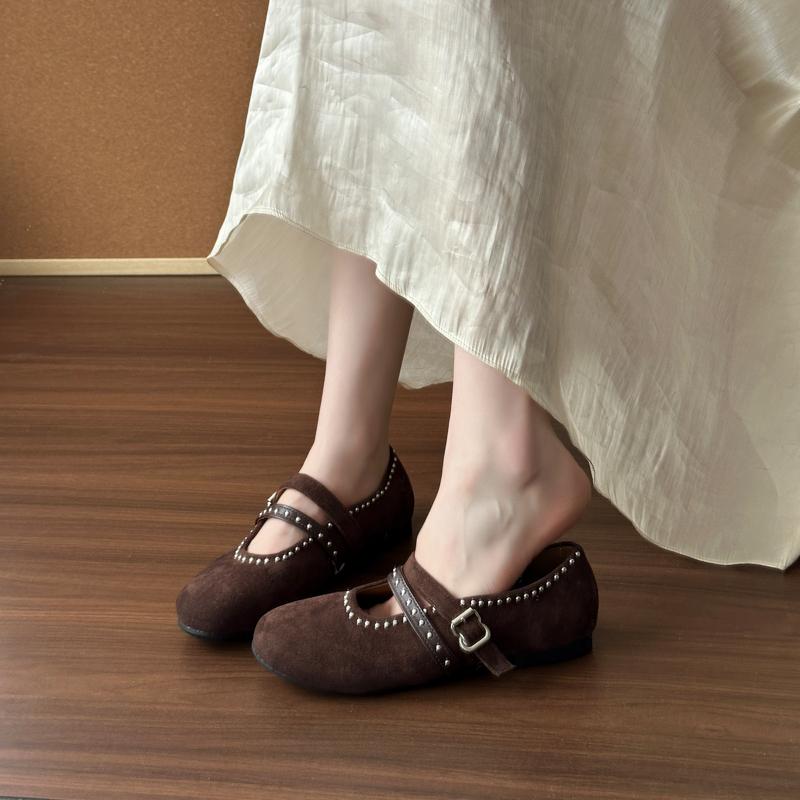 Fashion Fashion Suede Single Shoes Autumn New Round Toe Shallow Rivet Metal Buckle One-band Soft Sole Non-slip Low-top Shoes