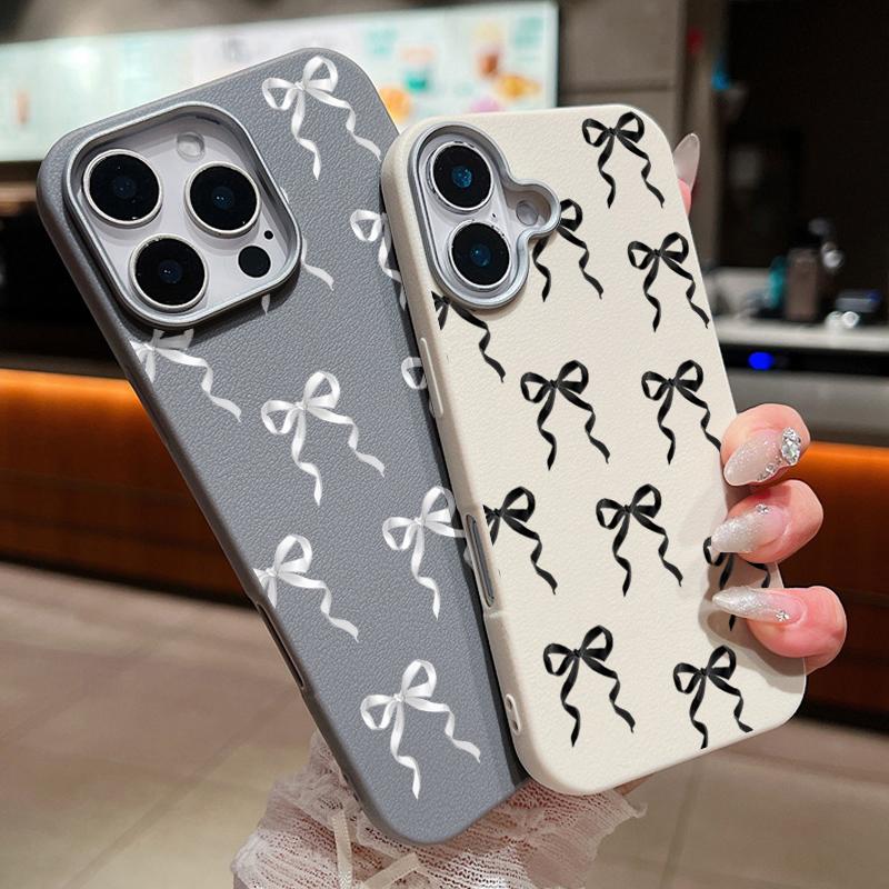 Bowknot Pattern TPU Leather Texture Case For iPhone 16 15 Pro Max 14 Pro 13 12 11 Slim Matte Shockproof Soft Phone Cover