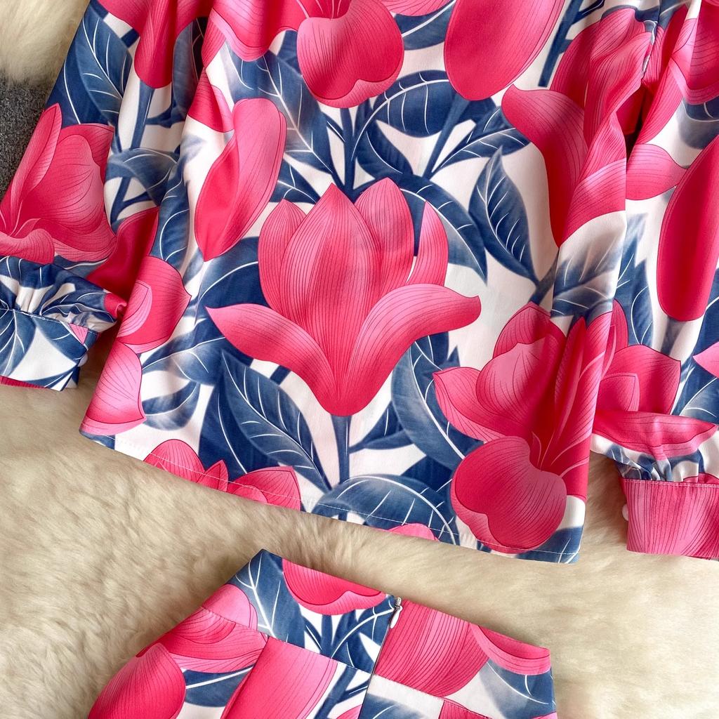 Two Work Office Spring Print Piece Set For Womens Long Sleeve Shirt Top And Slim Bodycon Pencil Midi Skirt Business Outfits
