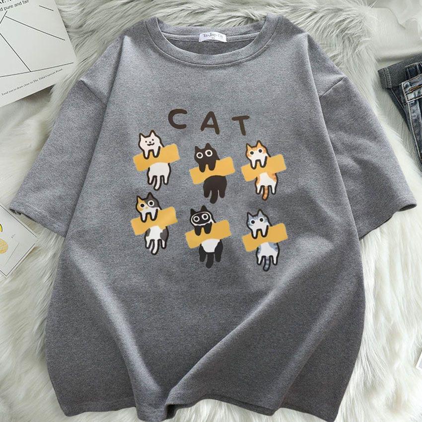 Summer Short Sleeved Tshirt New Korean Ins Retro Cartoon Cat Print Loose Pullover Top