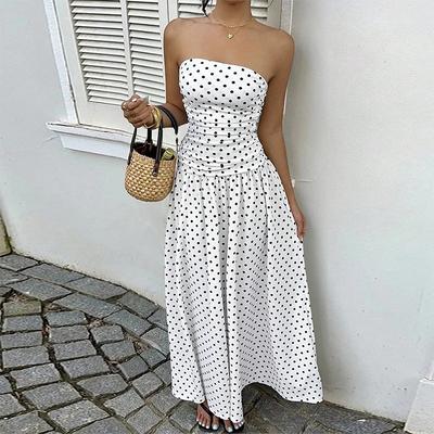 Women Summer Off Should Sexy Dress Polka Dot Printing Sleeveless Maxi Dresses Polyester Slim Waist Long Robe Evening Party Gown