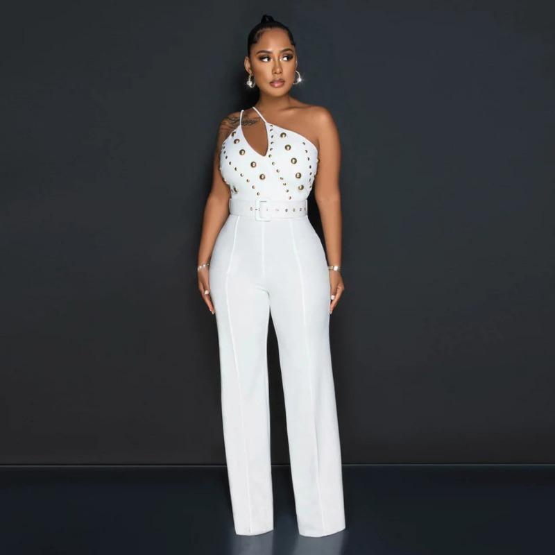 Women's New Fashion Solid Colour Jumpsuit Slim One-shoulder Wide-legged Trousers Models