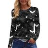 Women's Halloween Print Long Sleeve Top with Round Neck and Hem Slit