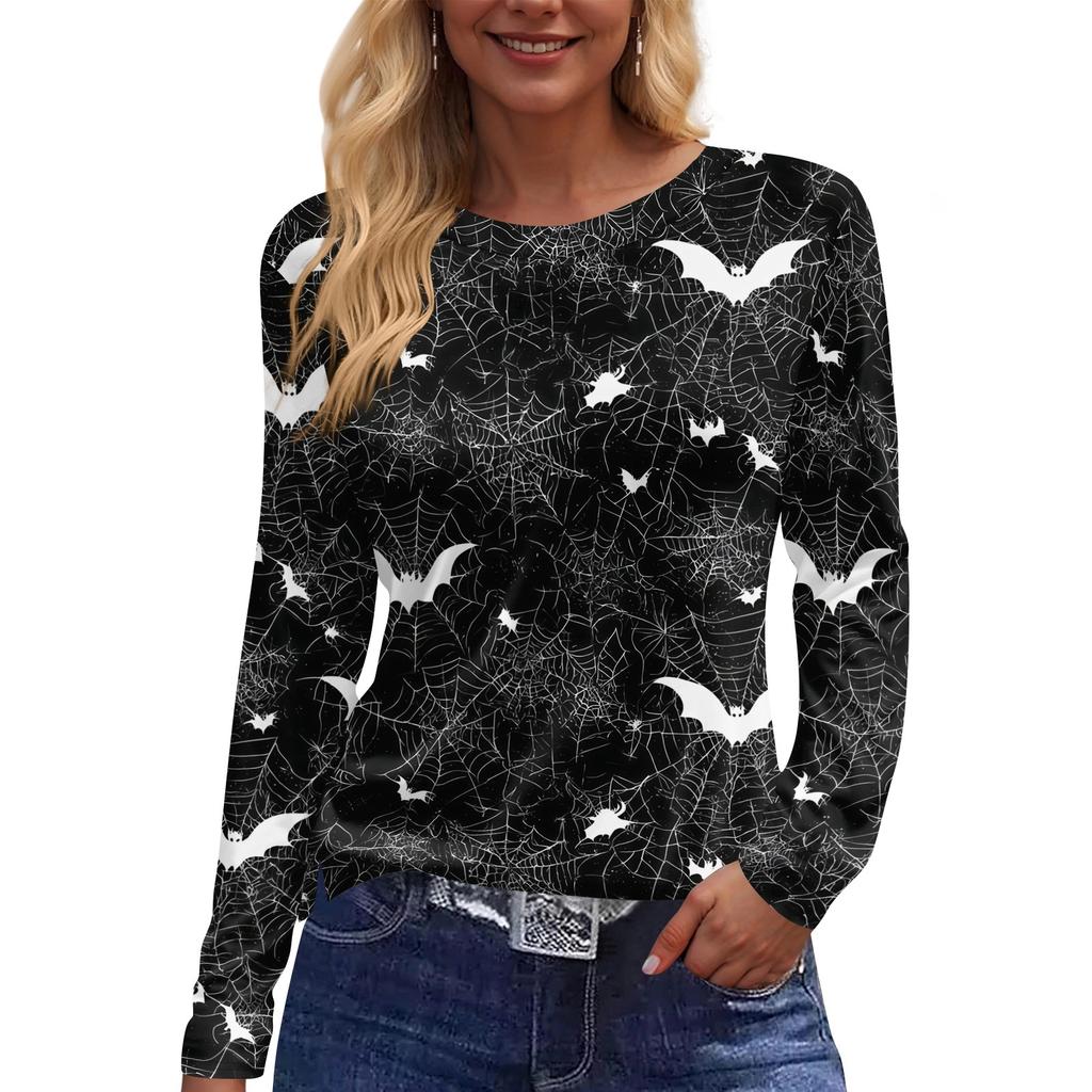 Women's Halloween Print Long Sleeve Top with Round Neck and Hem Slit