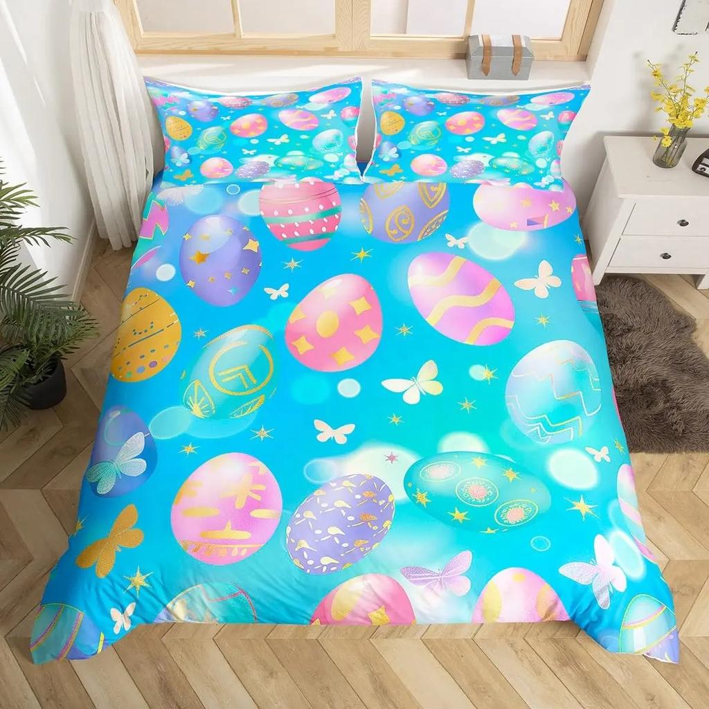 Oster-Eier Bettbezug Jungen Mädchen Cartoon Bunt Ei-Thema Bettwäsche-Set Frohe Ostern Bettdeckenbezug Floral Blume Steppdeckenbezug