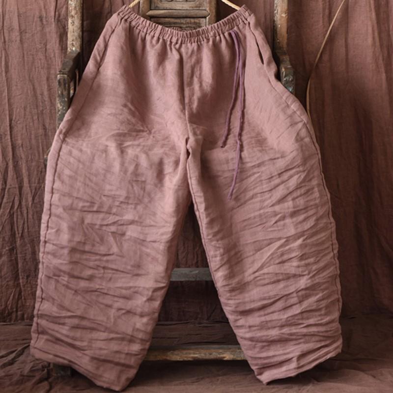 Johnature Women Vintage Loose Spring Wide Leg Pants Elastic Waist Linen Trouser Solid Color Bandage Women Long Pants