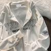 Letter Embroidered Hooded Pocket Loose Casual Sweatshirt Cardigan Jacket