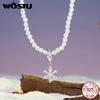 WOSTU 925 Sterling Silver Ice Flower Pendant Necklace Women Round Clear Crystal Cube Chain Necklace Xmas New Year Jewelry Gift