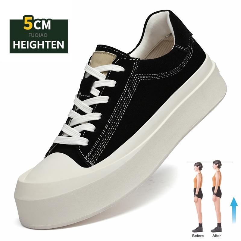 Fashion Men Cowhide Hidden Elevator Sneakers 5cm Height Increase Thick Sole Platform Anti-Collision Toe Soft Comfortable Casual Shoes
