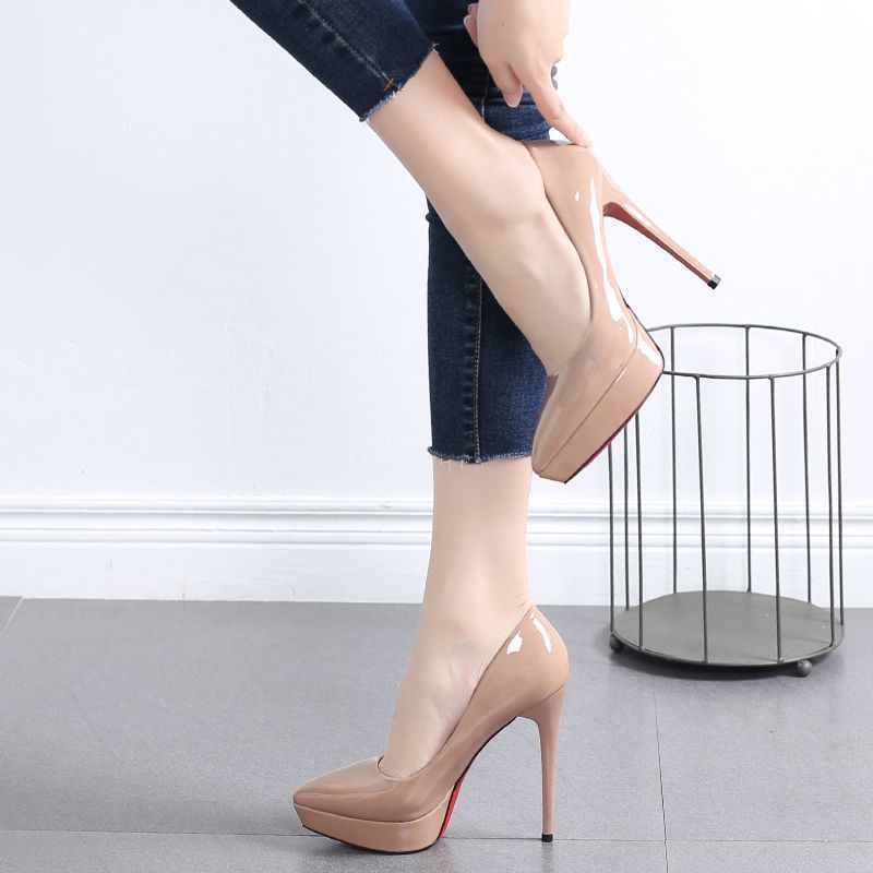 Wasserdichte Tisch High Heels weiblich sexy nude 12cm dünner Absatz Temperament vielseitig High Heel spitz Damen leichter Mund einzelne Schuhe