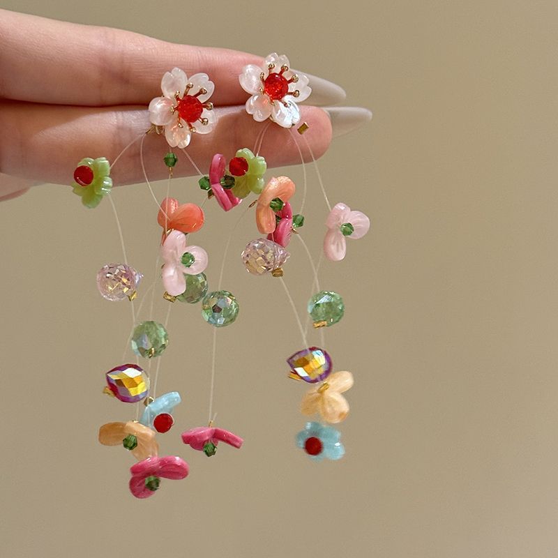 Vintage kontrastierende Blumen Perlen Quasten Ohrringe Sommer süßes Mädchen Herz Ohrringe Reise Foto Urlaubsstil Ohrringe