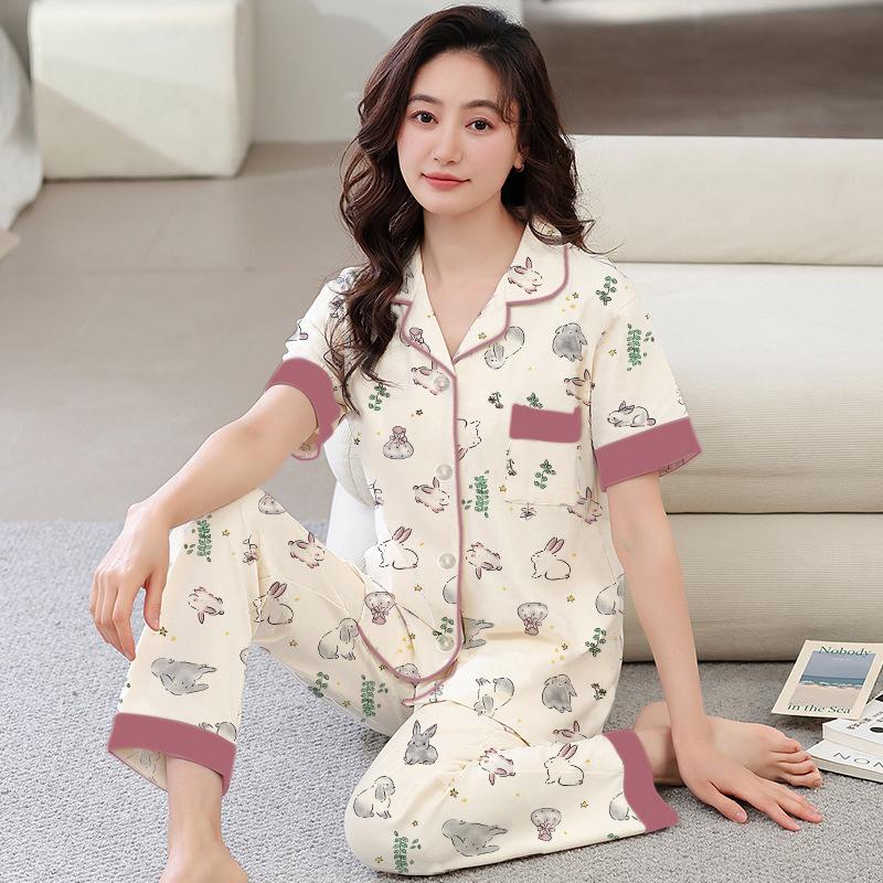 Imitation cotton pajamas women's summer new short-sleeved trousers simple flower mother loungewear large size set