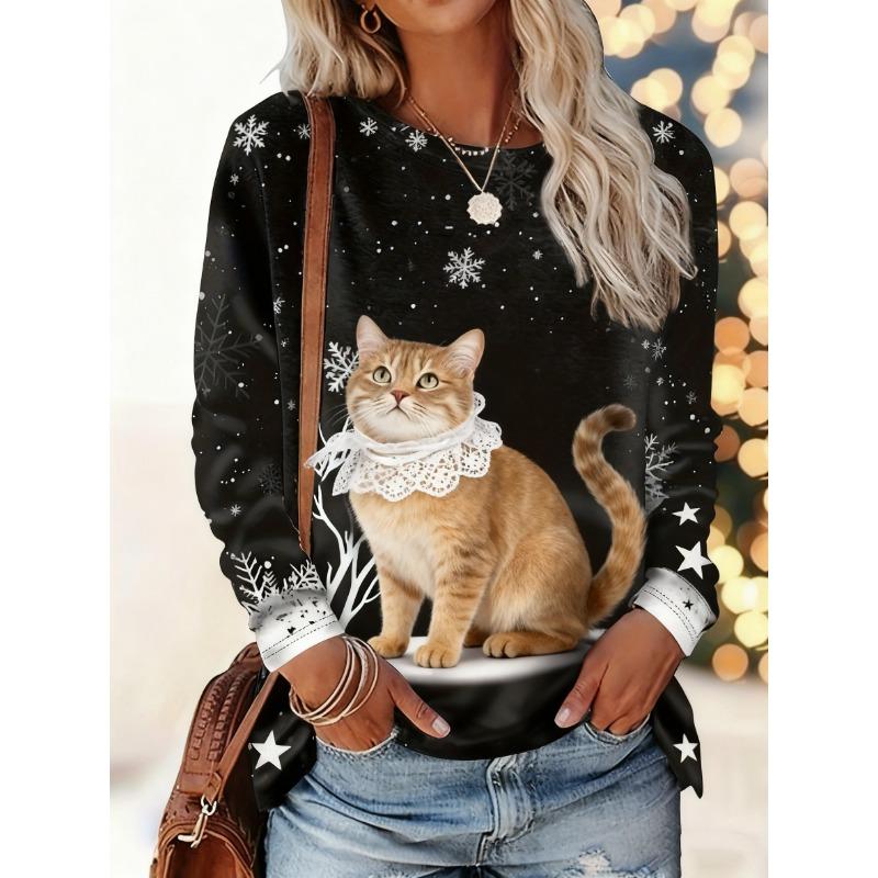 Christmas-themed women's snowflake and kitten print round neck long-sleeved T-shirt, festive black and white casual loose top