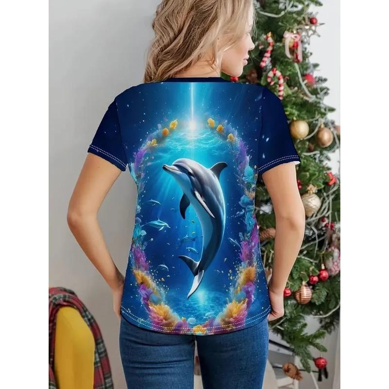 Casual Fashion Simple Abstract Painting Animal Sea Dolphin Breathable 3D Printed Round Neck Short Sleeve T-shirt Casual Sports Shirt