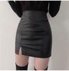 Women's Black High-Waist Bodycon Midi Skirt with Slit - Sexy Leather Pencil Skirt for Autumn/Winter