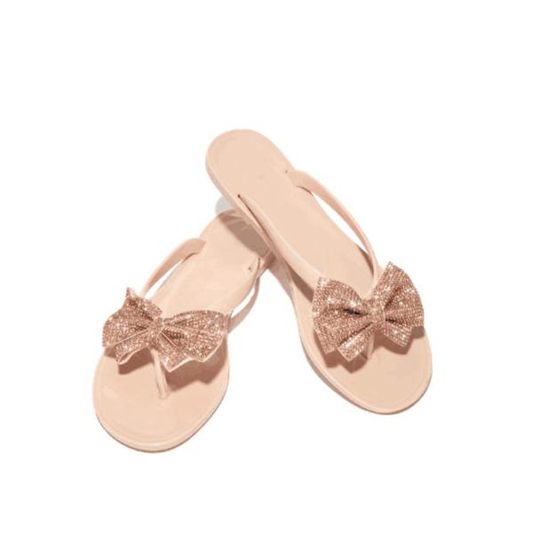 Novas Sandálias de Verão de Clip-on com Laço e Brilho Sandálias Rasteirinhas de Dedo Aberto Chinelos de Exterior Femininos