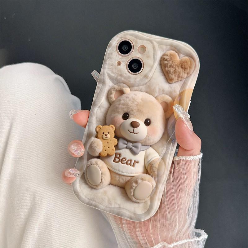 Cute Cookie Teddy Bear Pattern Silicone Phone Case For iPhone 17 Pro Max 16 15 14 13 12 11 XS X XR 14 15 Plus 16E 17 Air Cover