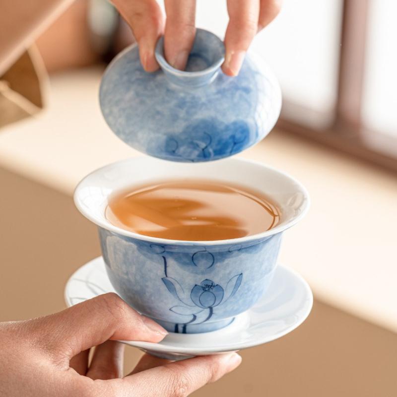 Hand-Painted Blue Lotus Gaiwan Aesthetic Anti Scalding Tea Tureen Household Making Cover Bowl Services Ornaments