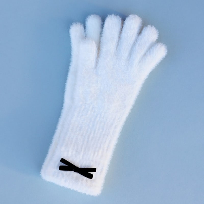 GOCORI FUZZY RIBBON FINGER Hole GLOVES - WHITE