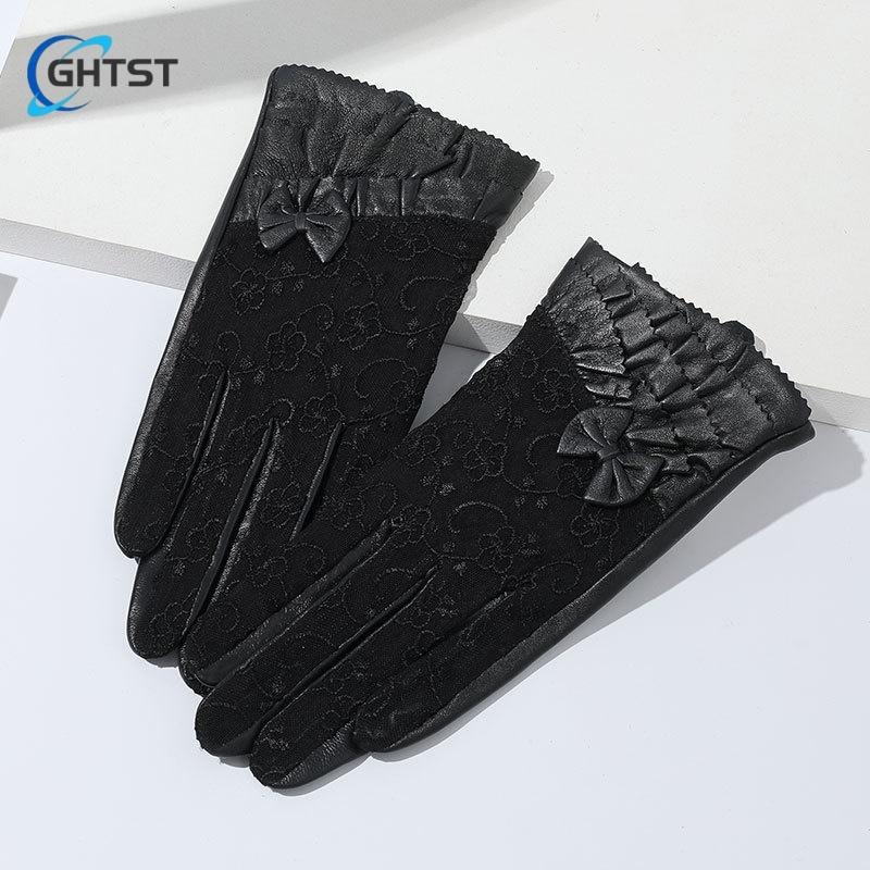 Mănuși Elegante din Dantelă Neagră pentru Femei Piele Nappa Piele Naturală Piele de Oaie Mănuși de Primăvară Mănușă Scurtă Trendy pentru Femei