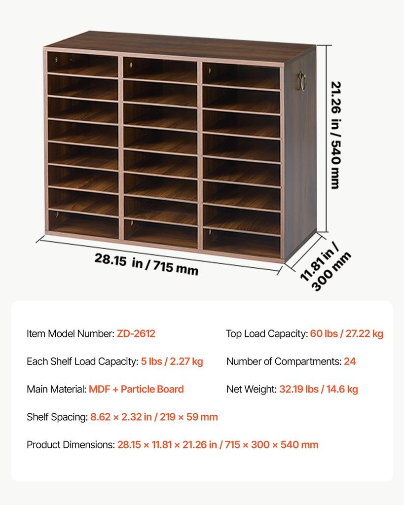 Wood Literature Organizer 24 Compartments Office Mailboxes Brown, Countertop Literature Sorter for Files Documents Papers, with Adjustable Shelves,