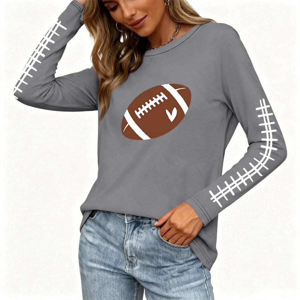 Women's Long Sleeve Neck Top with Rugby Print and Side Slit Hem