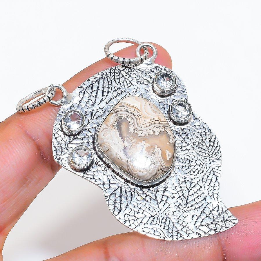Natural Laguna Lace Agate, Topaz 925 Sterling Silver Jewelry Pendant 2.48" ZS-559