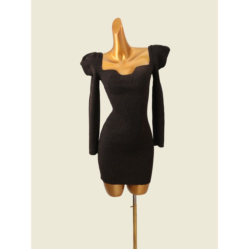 

French style Pure Desire Puff sleeve Light Luxury Black Gold Square Collar Sheath Short dress Foreign Trade Slim fit Silver Long sleeve Knitted dress Accessible Luxury gold All yards