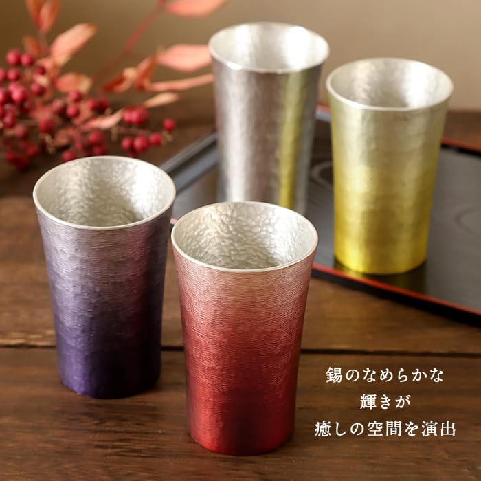 200ml Tin Tumbler in Paulownia Wood Box with Coaster, Osaka Tinware [Original Gift Studio Happy Smile] (Red x Purple)