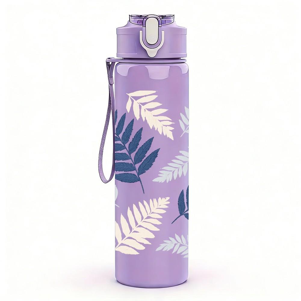 1PC Blue Grey Fern Leaf Pattern Print 750ml Color Plastic Sports Water Bottle Leakproof Flip Straw Lid Suitable for Sports Office Home Use