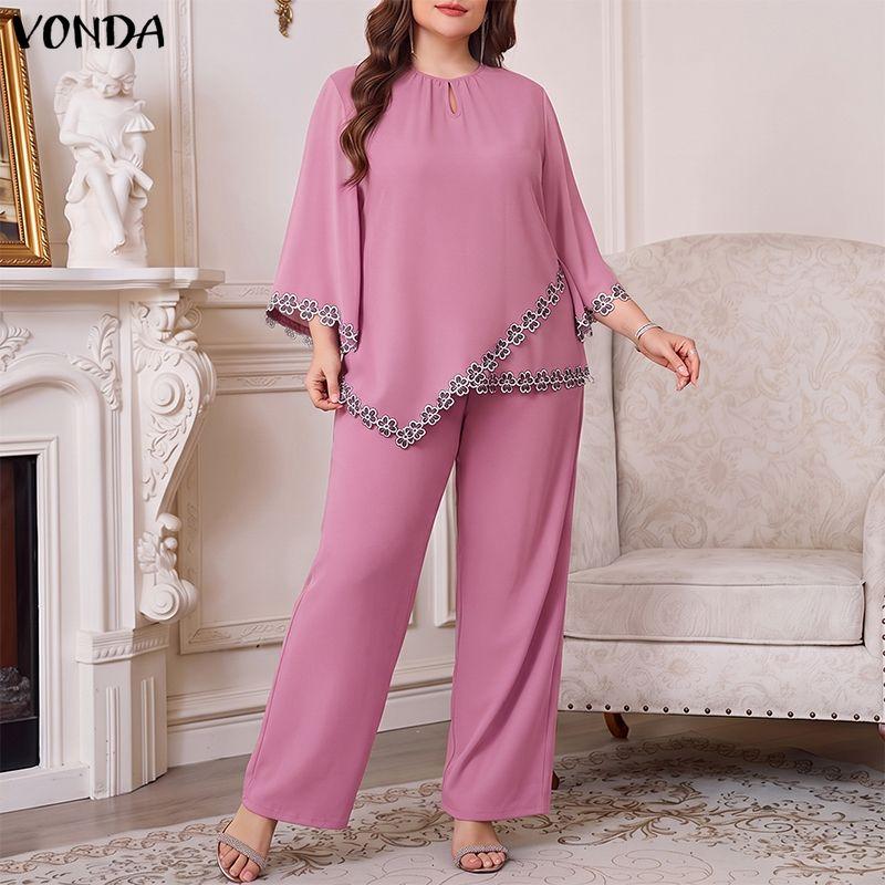 VONDA Womens Two Piece Set Loose Fit Tunic Tops with Lace Trim and Wide Leg Pants Elegant Casual Outfits