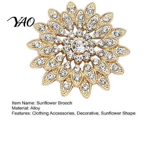 Sunflower Brooch Pin Sparkling Rhinestone Brooch, Golden Plated Floral Lapel Hollow Badge Pin, Dainty Clothing Jewelry Accessory for Women Girls Metal