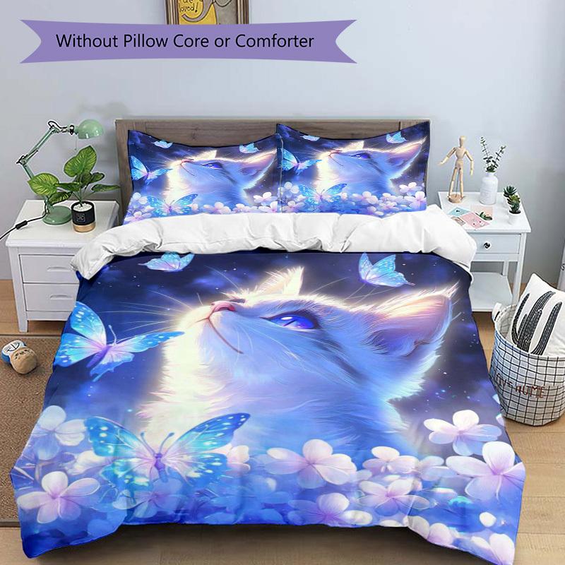 3pcs Anime Cat Butterfly Floral Bedding Set - Includes One Quilt Cover and Two Pillowcases (No Core) - Home Decor, Festival Gift, Polyester